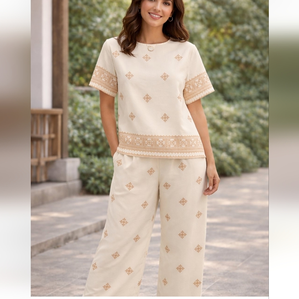 PLUS SIZE SHORT SLEEVE BLOUSE & ELASTIC WAIST PANTS MULTI PRINT 2PC. SET